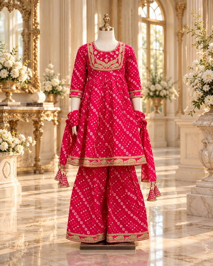 Pink Bandhani Anarkali Sharara Set for Girls