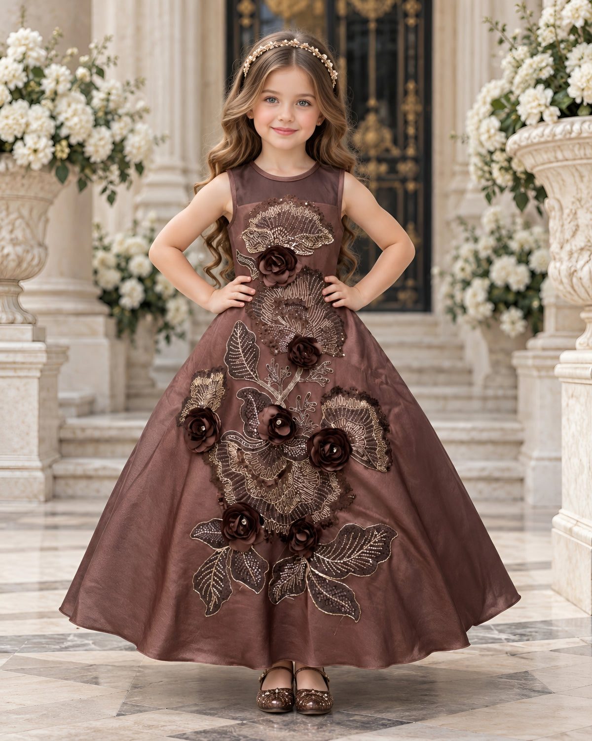 Elegant Floral Embroidered Brown Gown