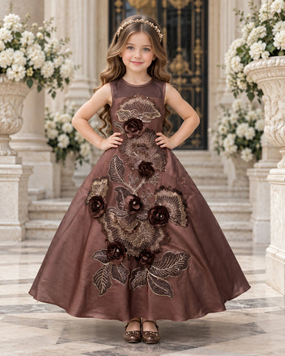 Elegant Floral Embroidered Brown Gown