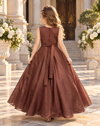 Elegant Floral Embroidered Brown Gown