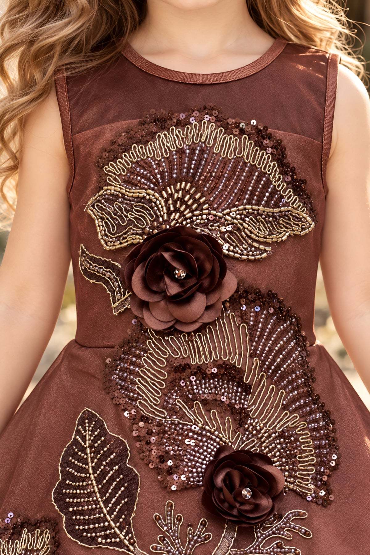 Elegant Floral Embroidered Brown Gown