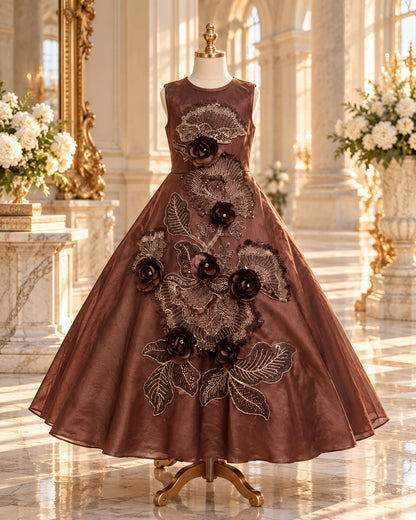 Elegant Floral Embroidered Brown Gown