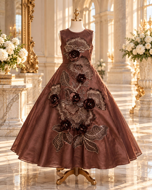 Elegant Floral Embroidered Brown Gown