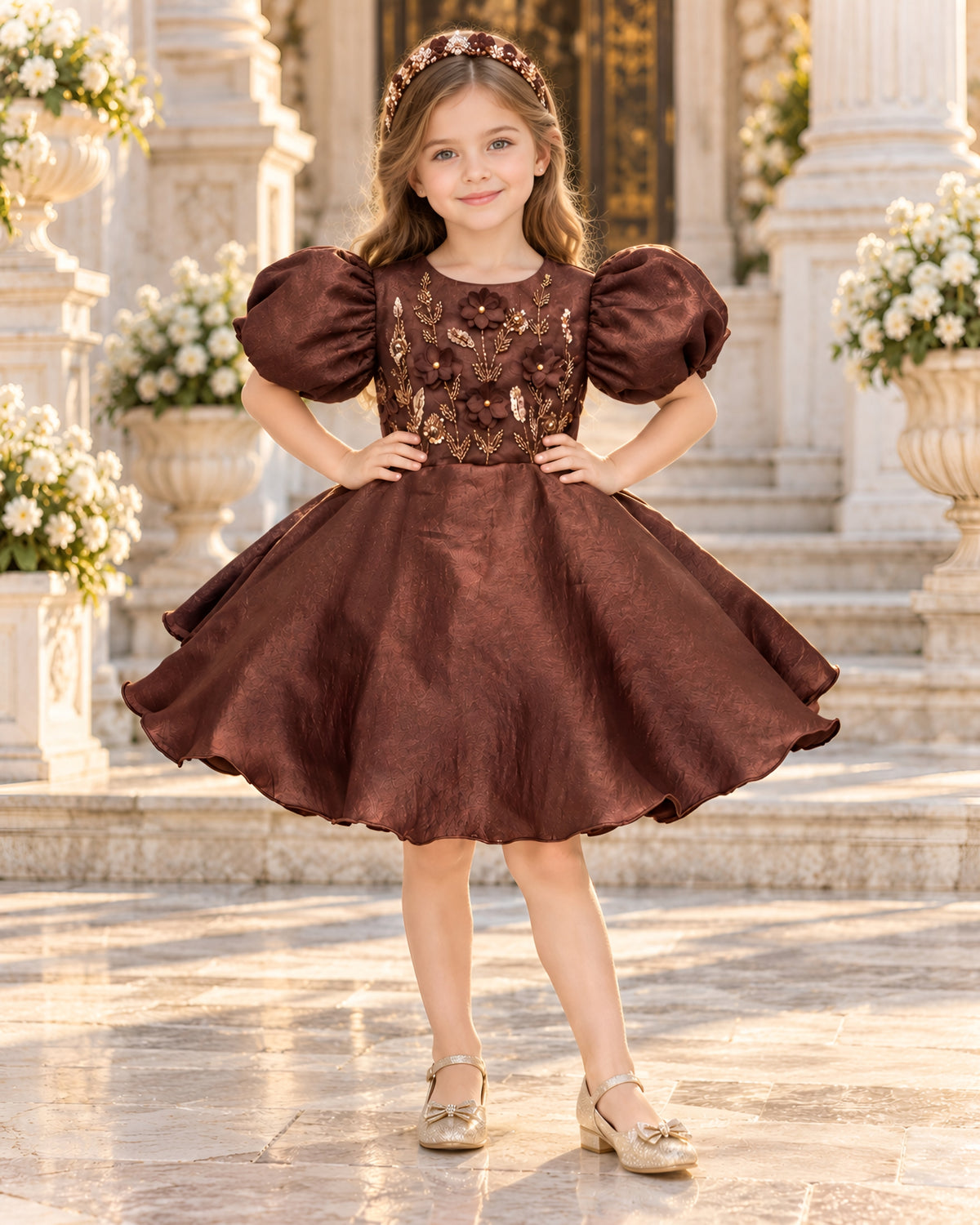 Embroidered Puff Sleeve Brown Party Dress