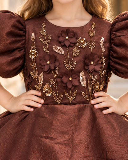 Embroidered Puff Sleeve Brown Party Dress