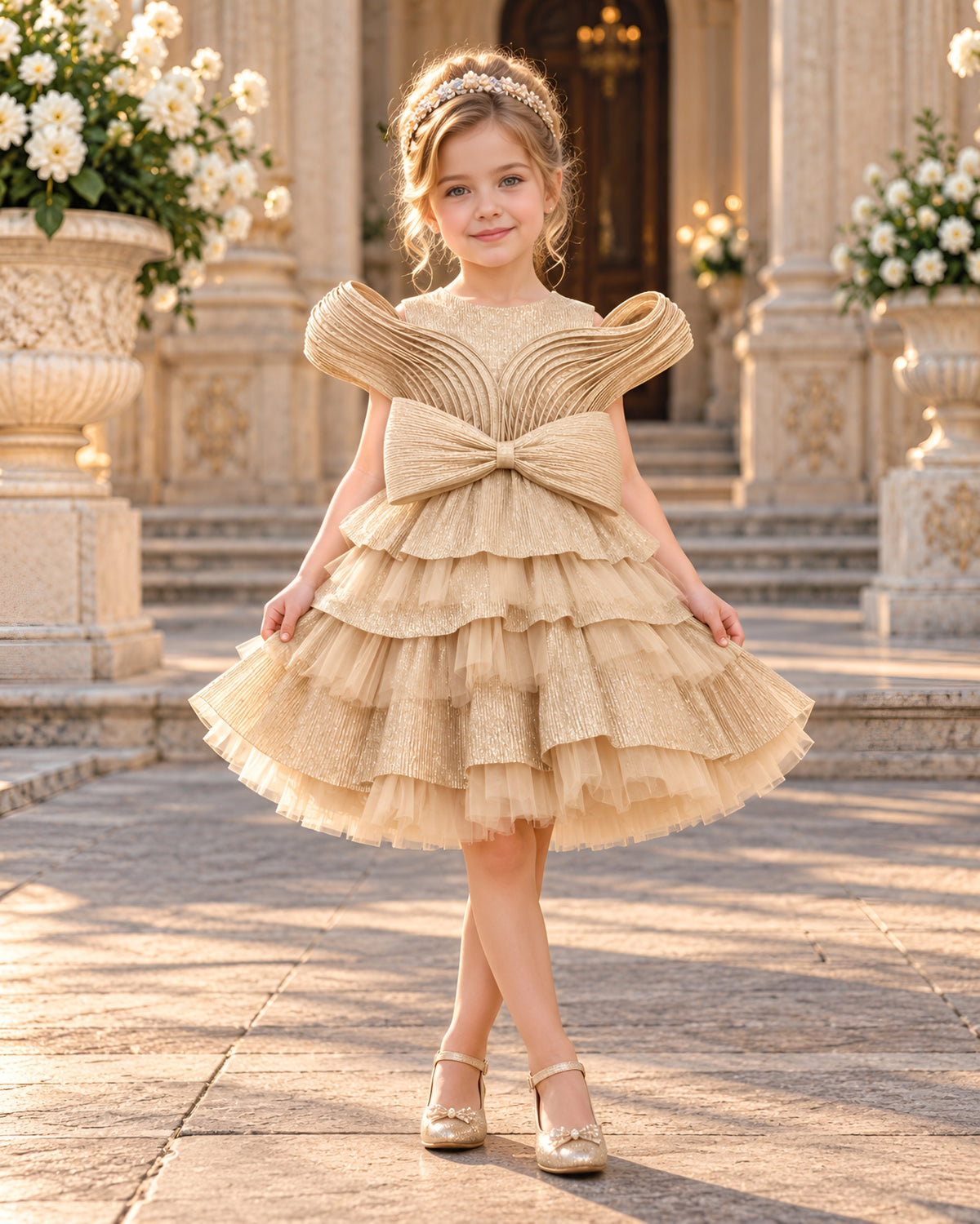 Elegant Champagne Fawn Lace Party Dress with Statement Bow