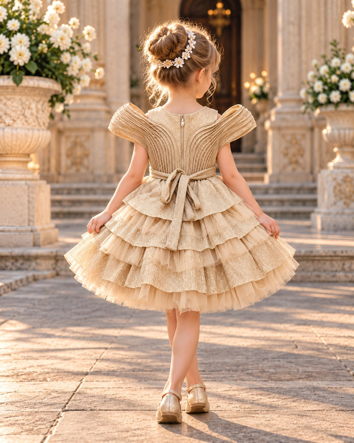 Elegant Champagne Fawn Lace Party Dress with Statement Bow