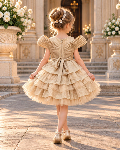 Elegant Champagne Fawn Lace Party Dress with Statement Bow