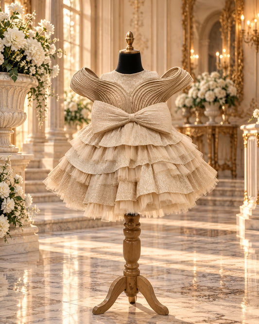 Elegant Champagne Fawn Lace Party Dress with Statement Bow