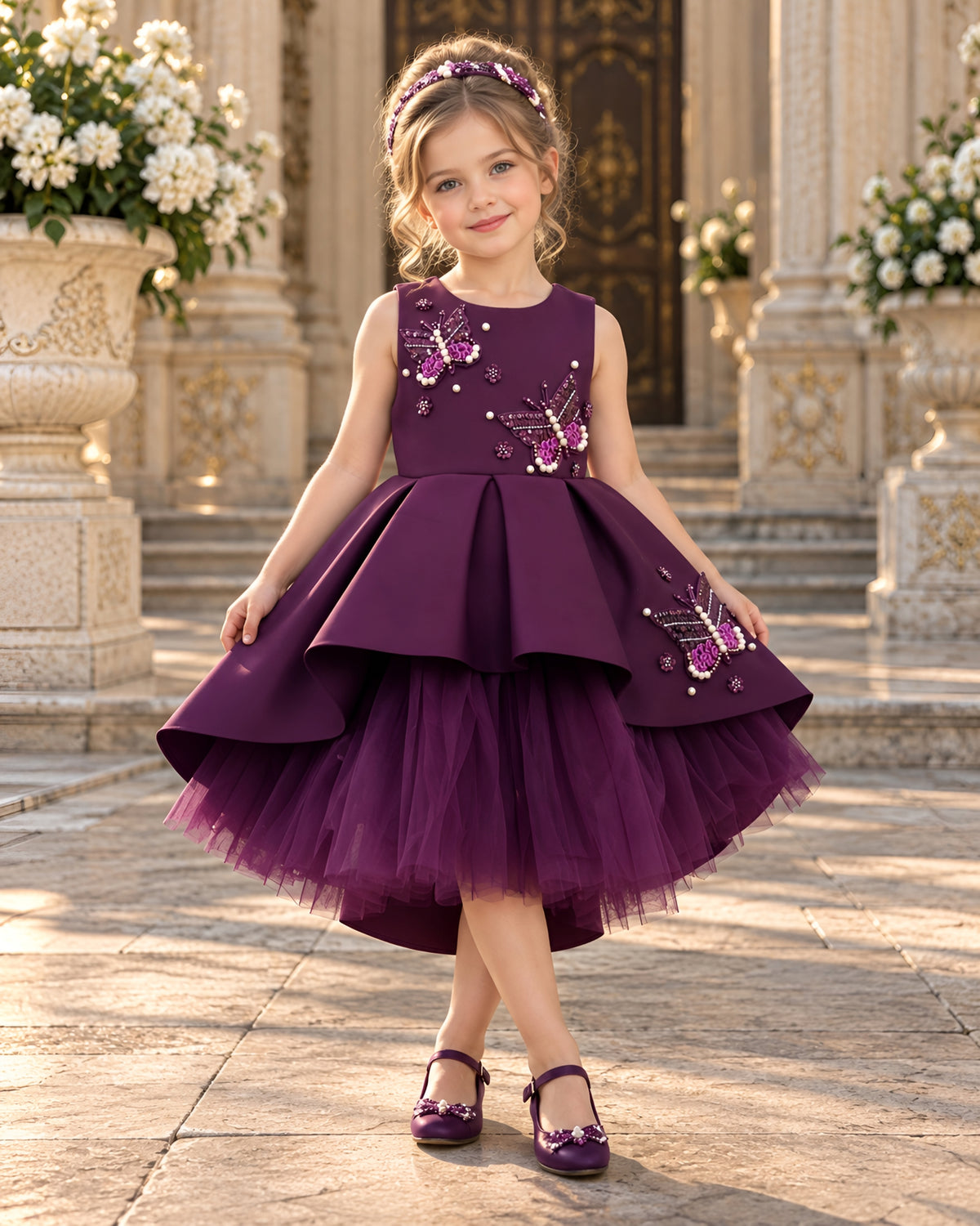 Elegant Wine Floral Embellished Party Dress