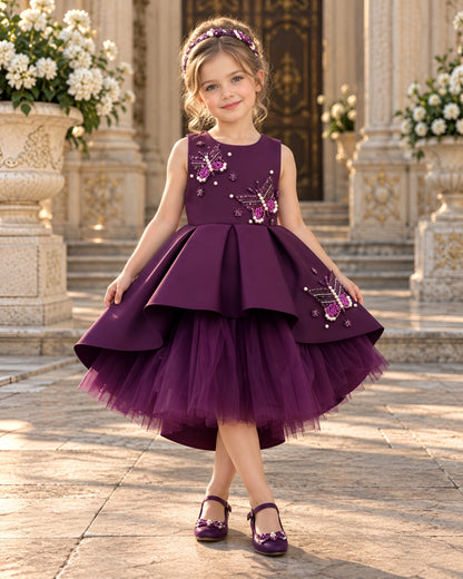 Elegant Wine Floral Embellished Party Dress