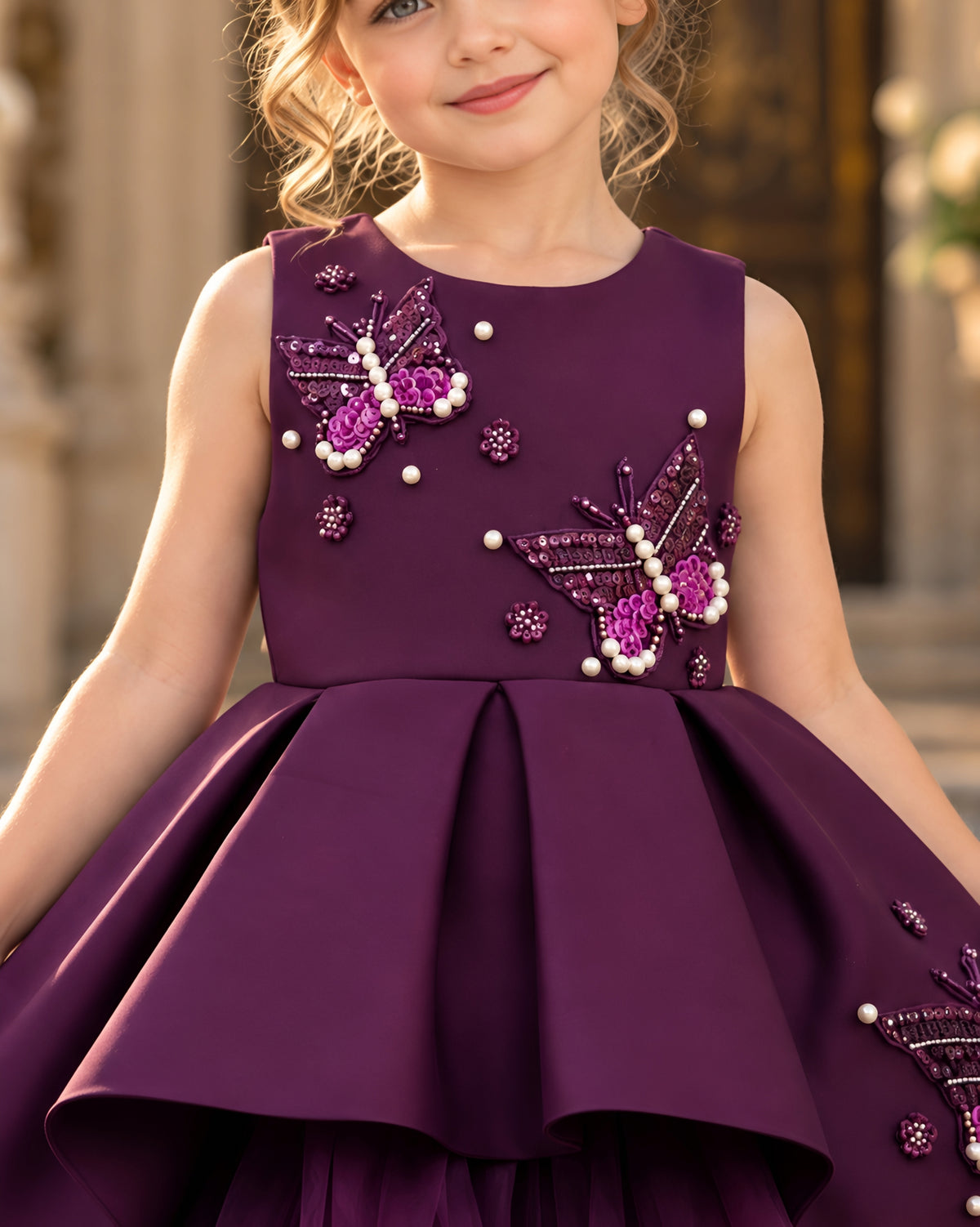 Elegant Wine Floral Embellished Party Dress