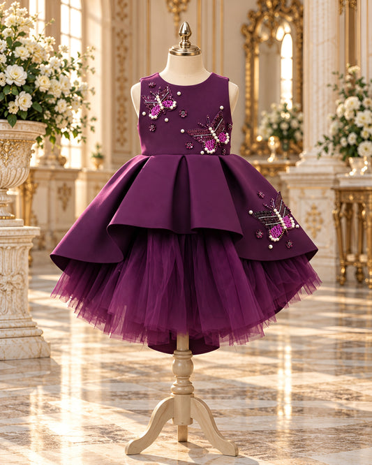 Elegant Wine Floral Embellished Party Dress