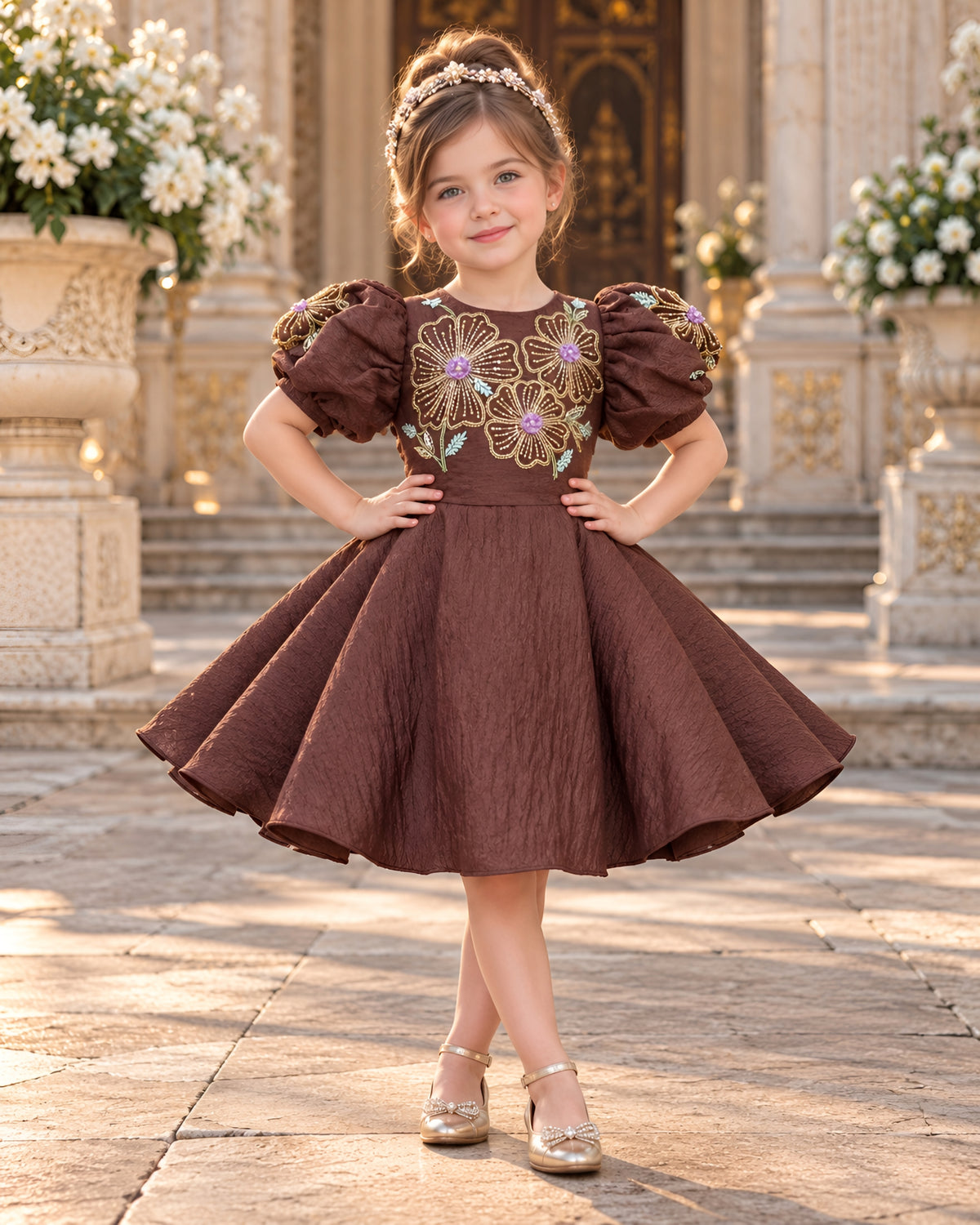 Elegant Coffee Embroidered Puff Sleeves Party Dress