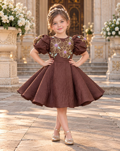 Elegant Coffee Embroidered Puff Sleeves Party Dress
