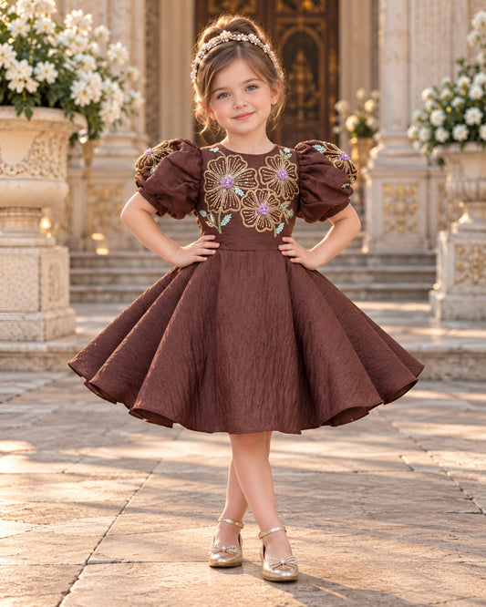 Elegant Coffee Embroidered Puff Sleeves Party Dress