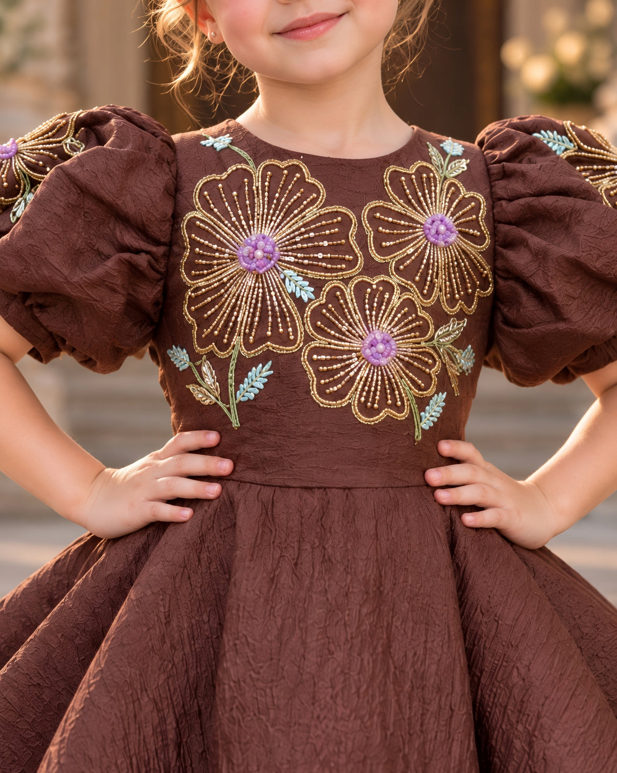 Elegant Coffee Embroidered Puff Sleeves Party Dress