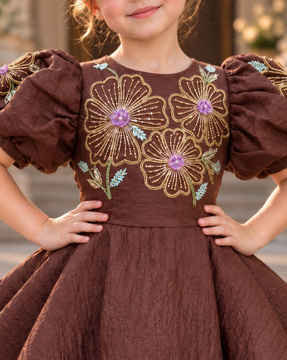 Elegant Coffee Embroidered Puff Sleeves Party Dress