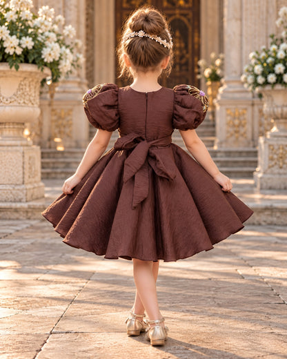 Elegant Coffee Embroidered Puff Sleeves Party Dress