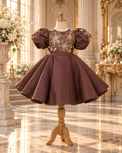 Elegant Coffee Embroidered Puff Sleeves Party Dress