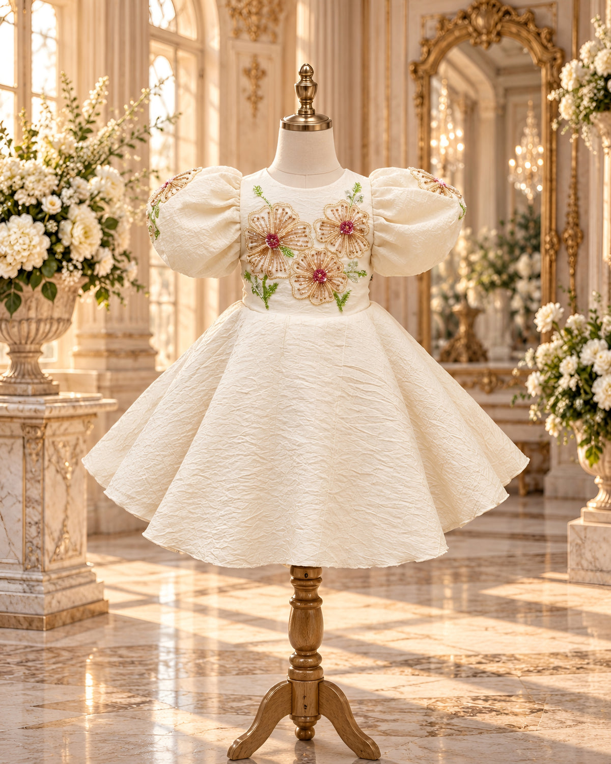 Elegant Cream Floral Embroidered Puff Sleeves Party Dress