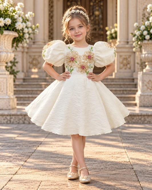 Elegant Cream Floral Embroidered Puff Sleeves Party Dress