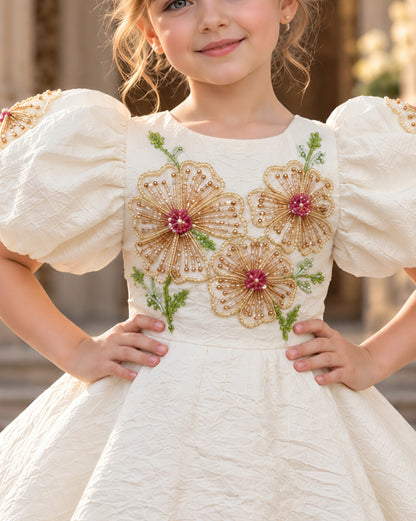 Elegant Cream Floral Embroidered Puff Sleeves Party Dress