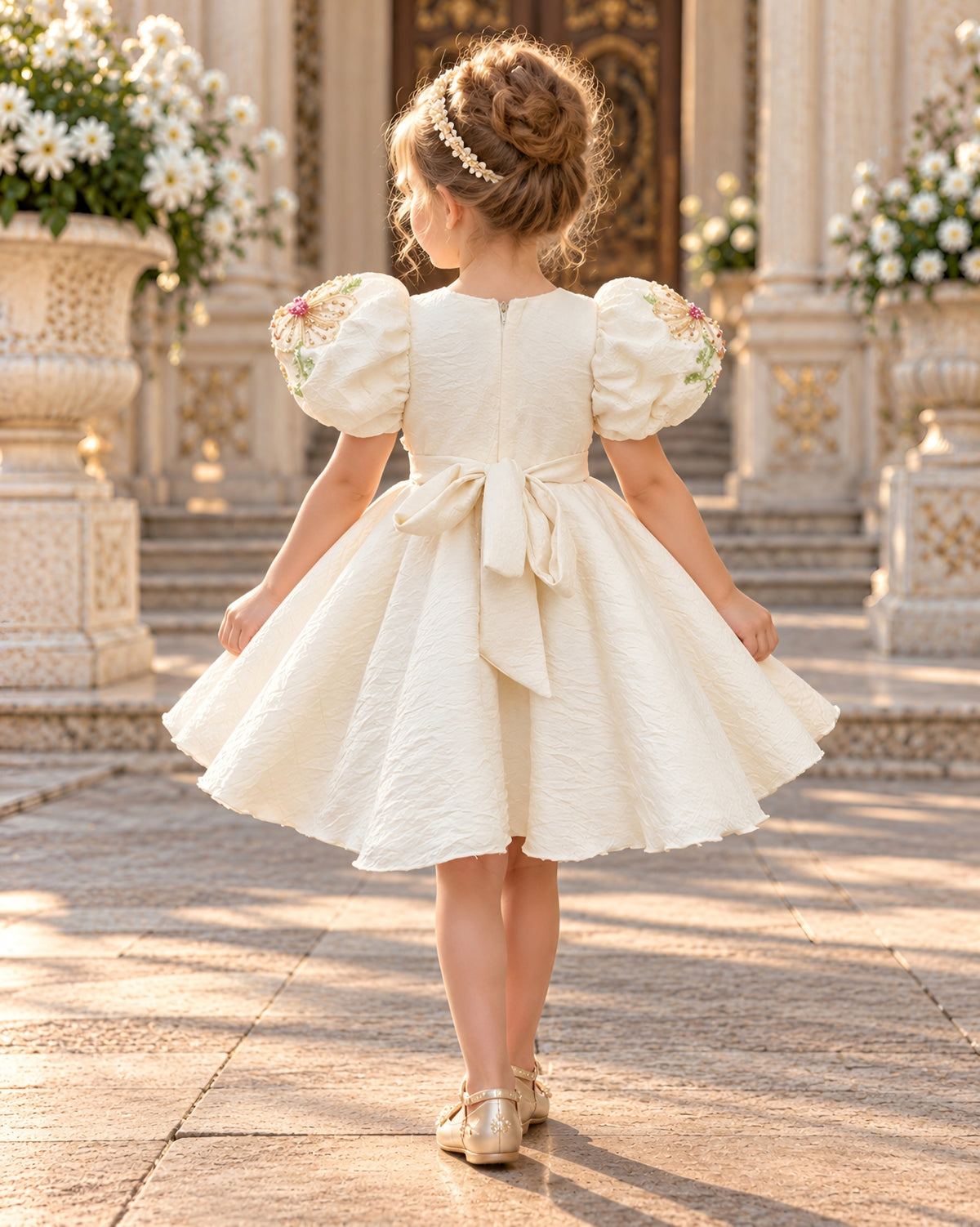 Elegant Cream Floral Embroidered Puff Sleeves Party Dress