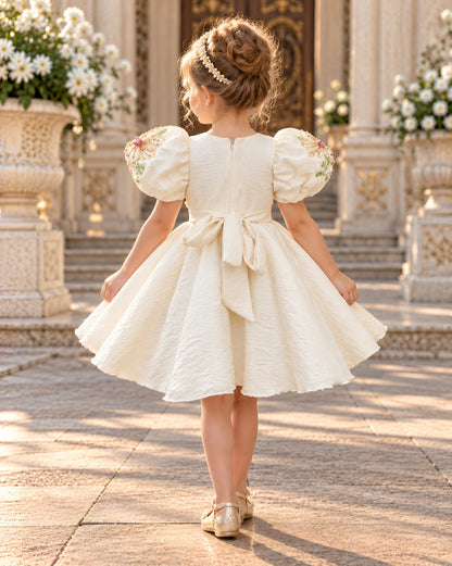 Elegant Cream Floral Embroidered Puff Sleeves Party Dress
