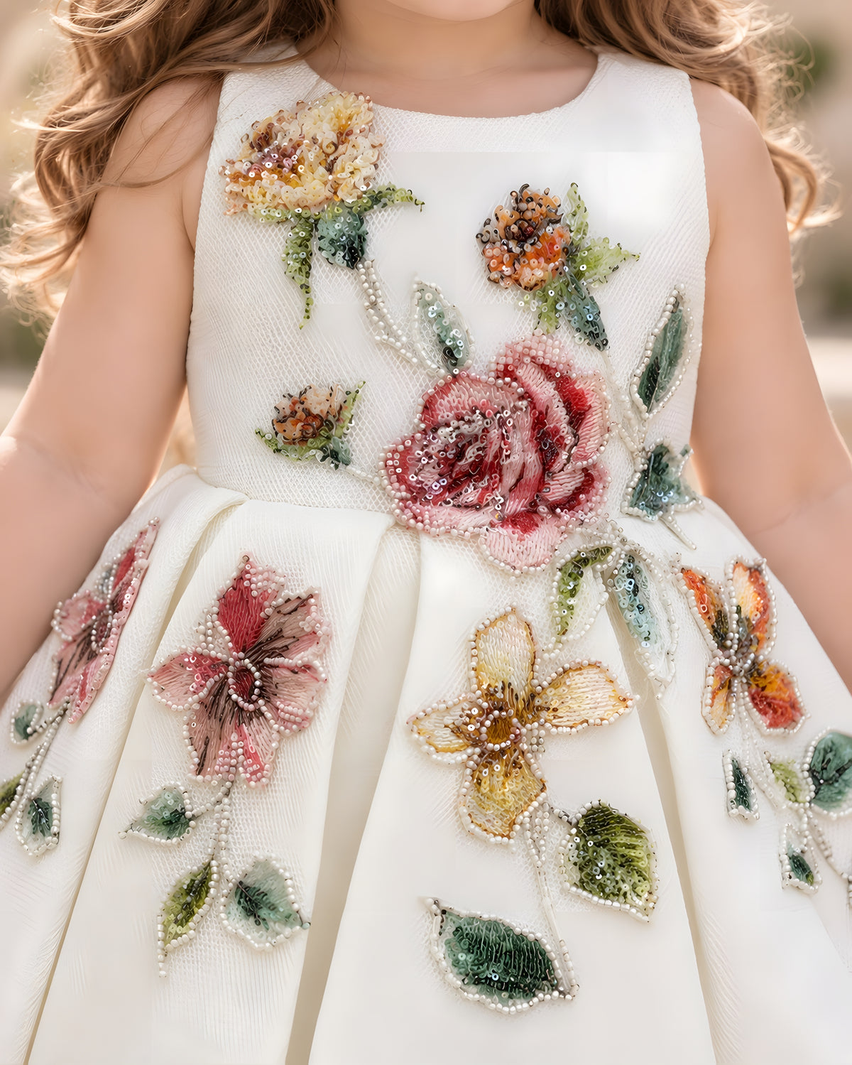 Elegant Floral Embroidered with 3D Flower Detailing White Party Dress