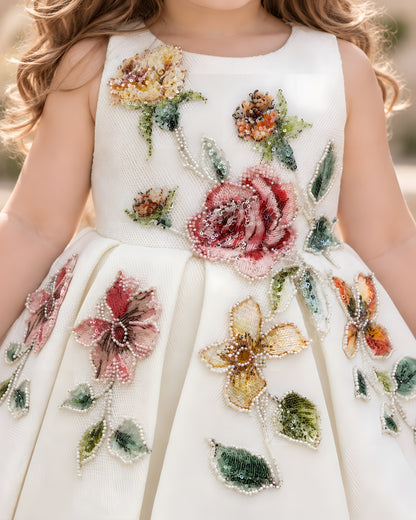 Elegant Floral Embroidered with 3D Flower Detailing White Party Dress