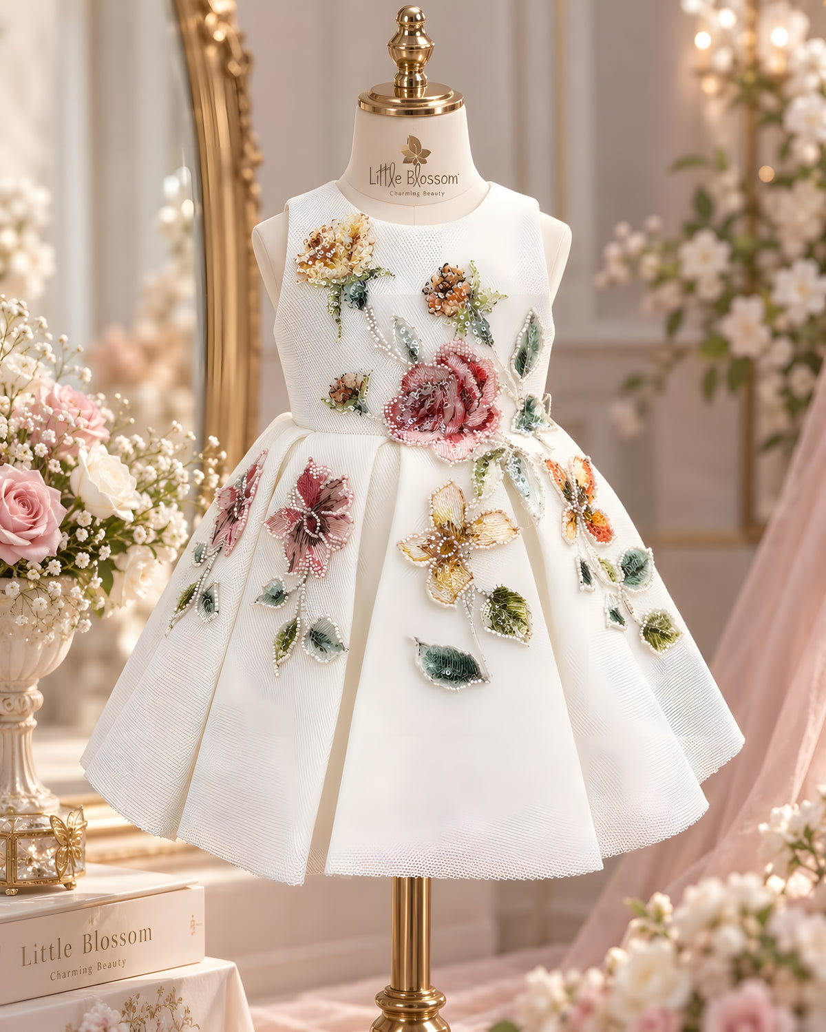 Elegant Floral Embroidered with 3D Flower Detailing White Party Dress