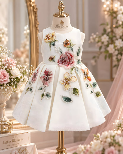 Elegant Floral Embroidered with 3D Flower Detailing White Party Dress