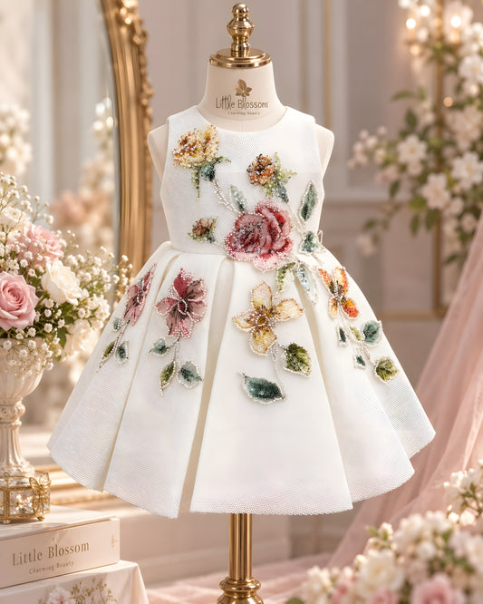 Elegant Floral Embroidered with 3D Flower Detailing White Party Dress