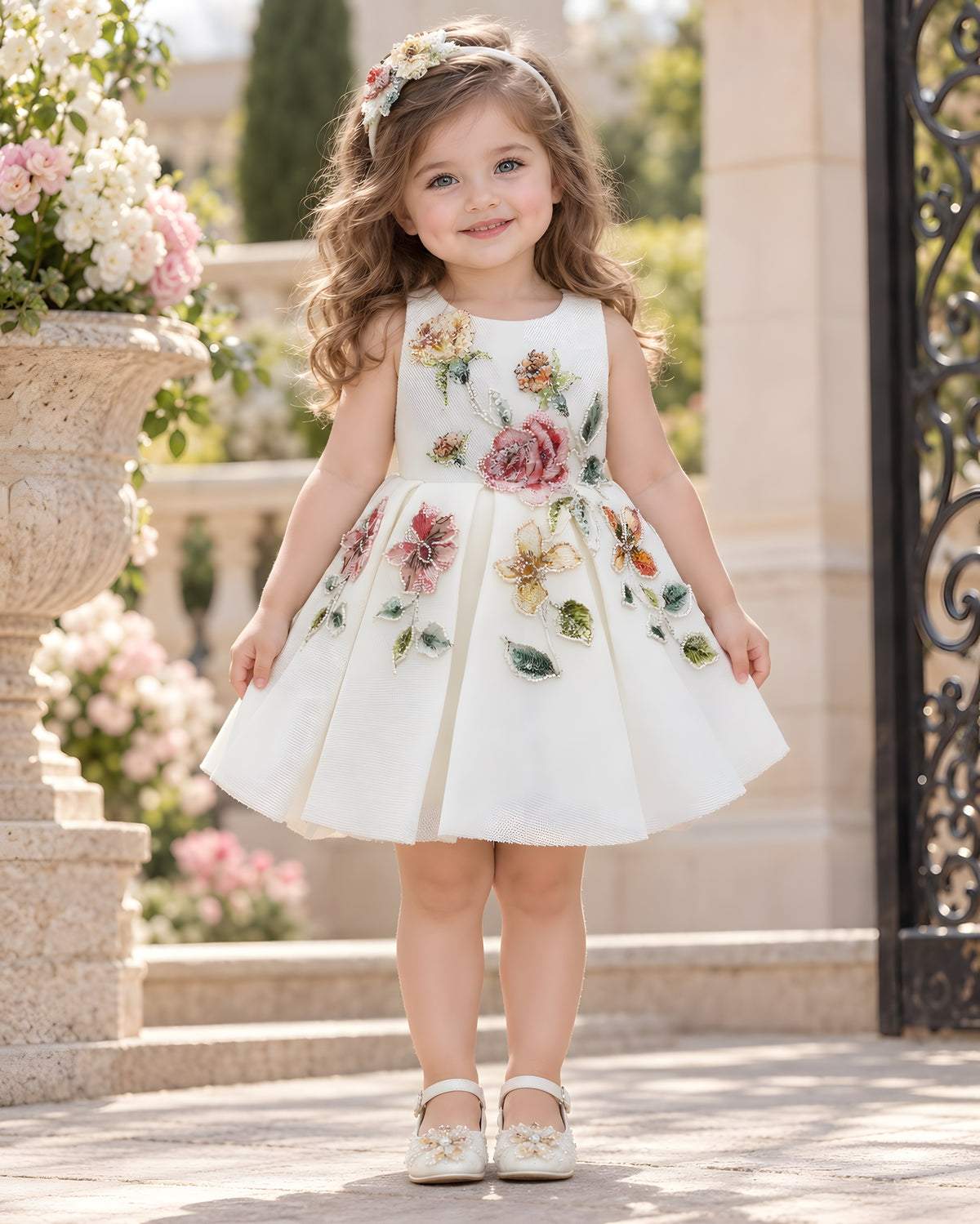 Elegant Floral Embroidered with 3D Flower Detailing White Party Dress