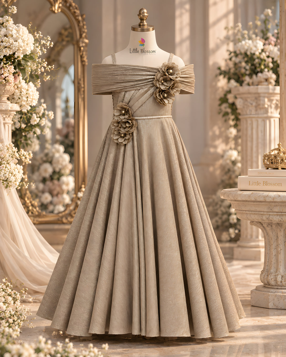 Beautiful Off shoulder Silhouette Party Beige Gown