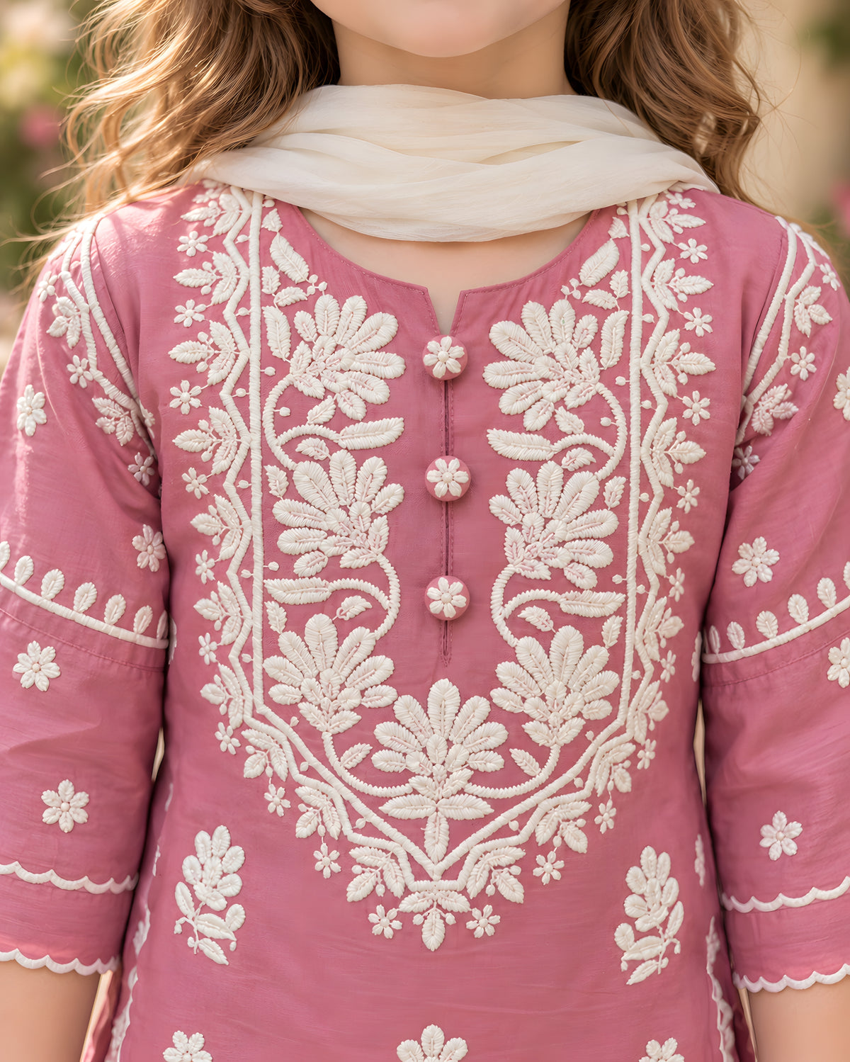 Blush Pink Floral Embroidered Kurta Palazzo Set for Girls