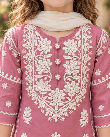 Blush Pink Floral Embroidered Kurta Palazzo Set for Girls