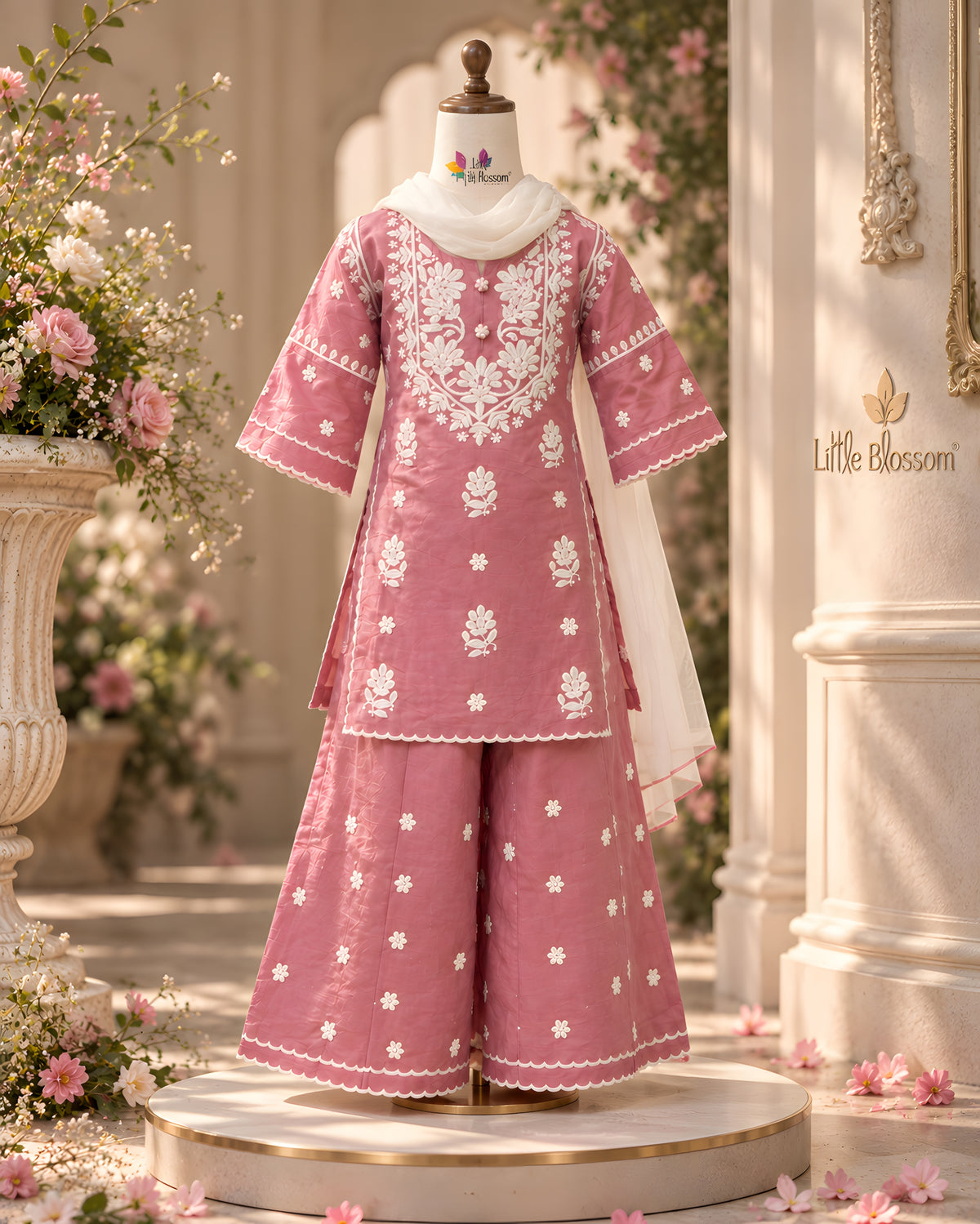 Blush Pink Floral Embroidered Kurta Palazzo Set for Girls