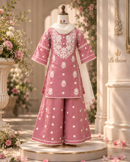 Blush Pink Floral Embroidered Kurta Palazzo Set for Girls