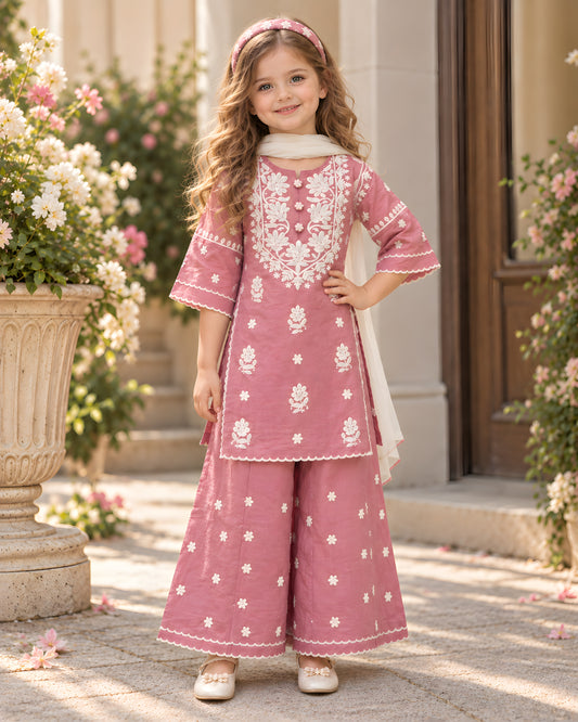 Blush Pink Floral Embroidered Kurta Palazzo Set for Girls