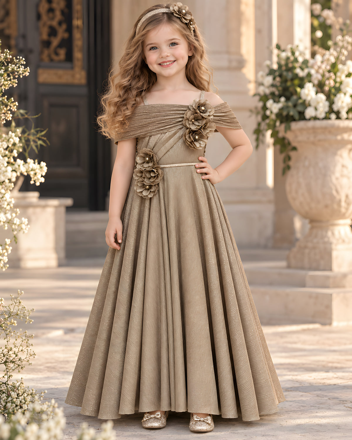 Beautiful Off shoulder Silhouette Party Beige Gown