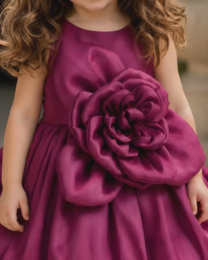 Elegant 3D flower and Bubble Skirt Magenta Dress