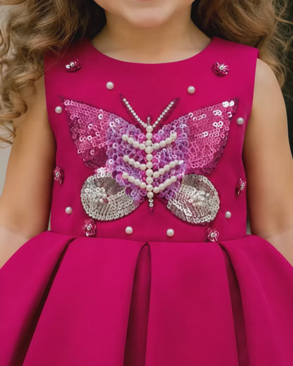 Charming Butterfly Embroidery Fuchsia Flared Dress