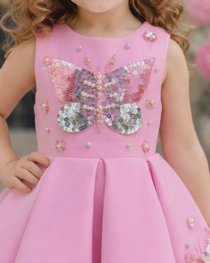 Charming Butterfly Embroidery Pink Flared Dress