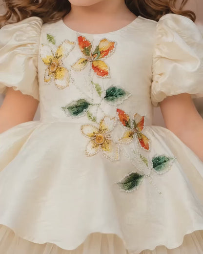 Beautiful Cream Dress With Attractive Flower Embroidery