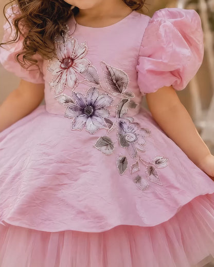 Beautiful Brown Flower Embroidered Satin Dress