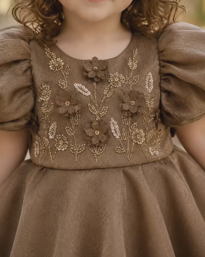 Beautiful 3D Flower Embroidery Satin Brown Dress