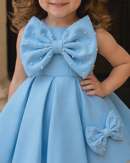 Elegant Oversized Bow Blue Flared Design Dress