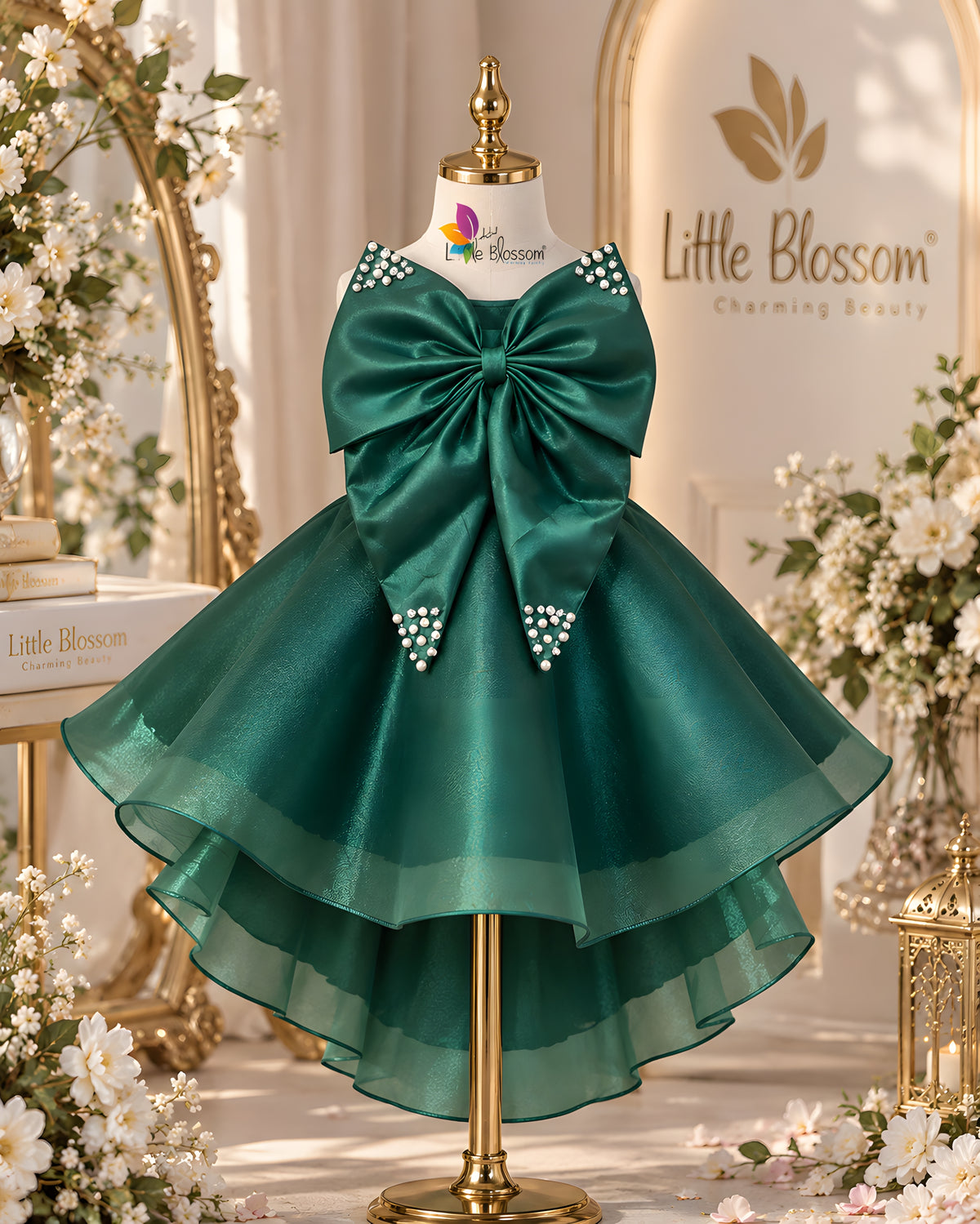 Elegant Pearl Bow High-Low Green Party Dress